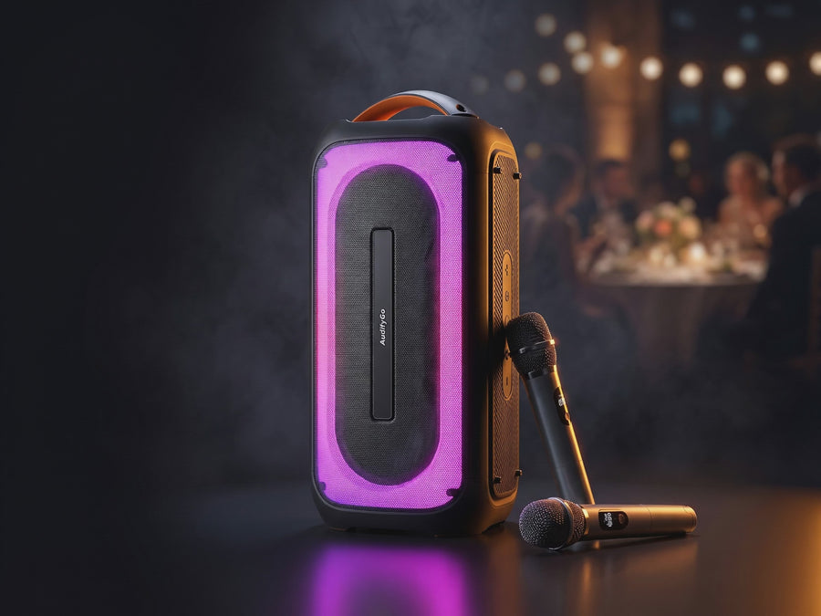 AudifyGo BB360 cinematic hero — LED ring glowing at a night gathering